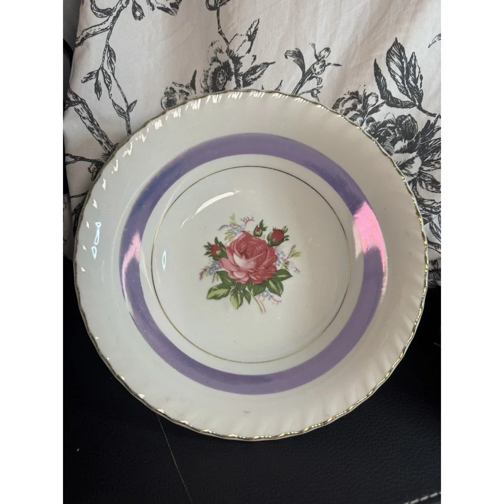 Vintage Porcelain Pink Rose Transfer Serving Bowl Scalloped Edge Japan Gold Rim